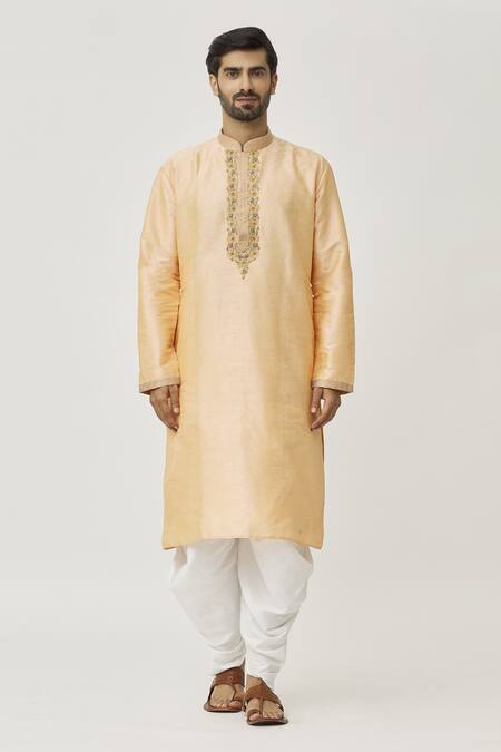 Arihant Rai Sinha_Pink Silk Embroidery Placket Floral Work Kurta And Off-white Dhoti Pant Set _Online_at_Aza_Fashions