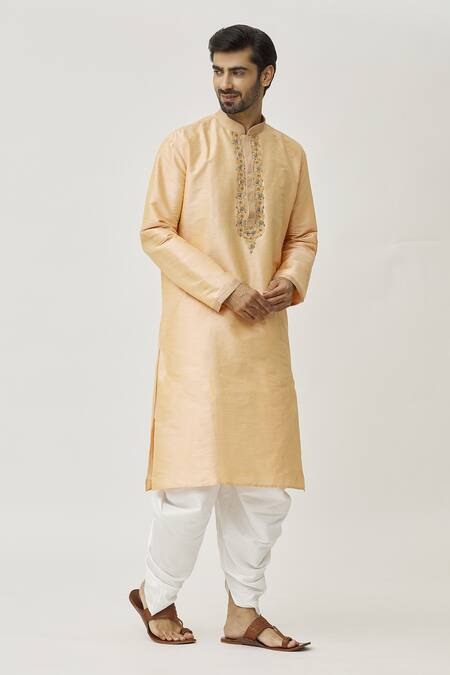 Buy_Arihant Rai Sinha_Pink Silk Embroidery Placket Floral Work Kurta And Off-white Dhoti Pant Set _Online_at_Aza_Fashions