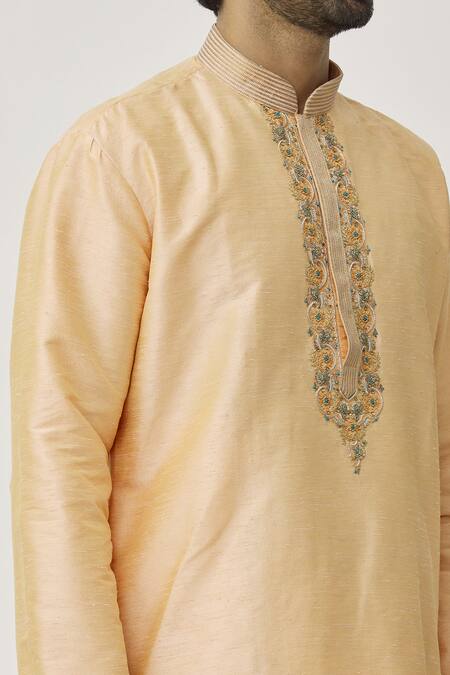 Shop_Arihant Rai Sinha_Pink Silk Embroidery Placket Floral Work Kurta And Off-white Dhoti Pant Set _Online_at_Aza_Fashions