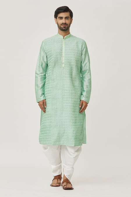 Arihant Rai Sinha_Green Silk Stitch Lines Embroidered Kurta And Dhoti Pant Set_Online_at_Aza_Fashions