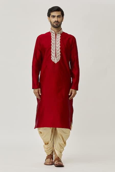 Arihant Rai Sinha_Maroon Silk Embroidery Placket Floral Work Kurta And Dark Beige Dhoti Pant Set _Online_at_Aza_Fashions