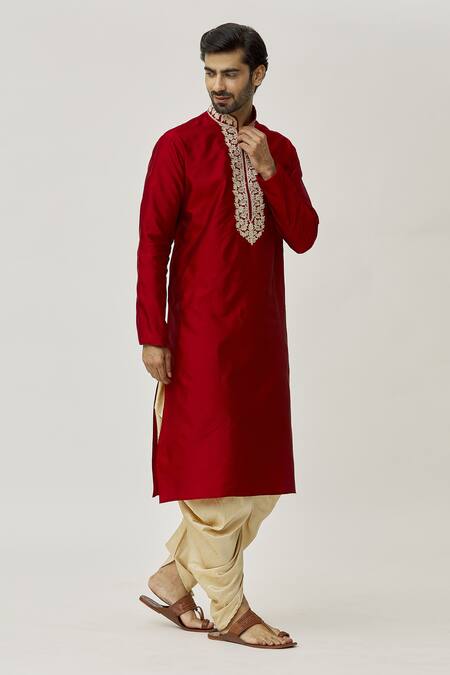 Buy_Arihant Rai Sinha_Maroon Silk Embroidery Placket Floral Work Kurta And Dark Beige Dhoti Pant Set _Online_at_Aza_Fashions