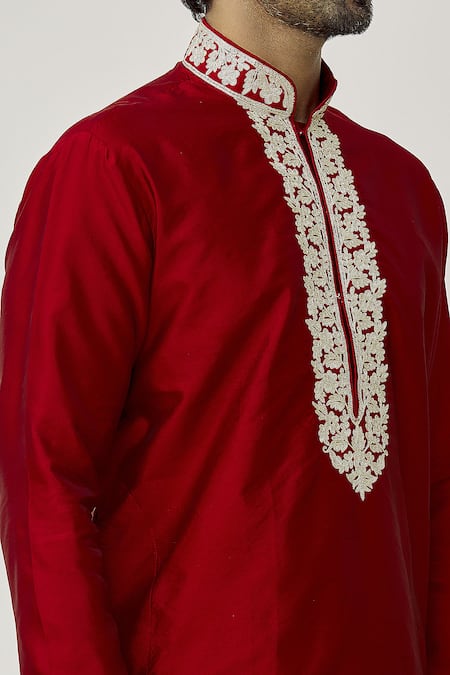Shop_Arihant Rai Sinha_Maroon Silk Embroidery Placket Floral Work Kurta And Dark Beige Dhoti Pant Set _Online_at_Aza_Fashions