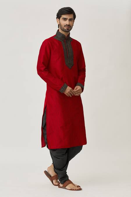Arihant Rai Sinha Red Silk Embroidery Leaf Kurta And Dhoti Pant Set Online at Aza Fashions Arihant Rai Sinha_Red Silk Embroidery Leaf Kurta And Dhoti Pant Set _Online_at_Aza_Fashions