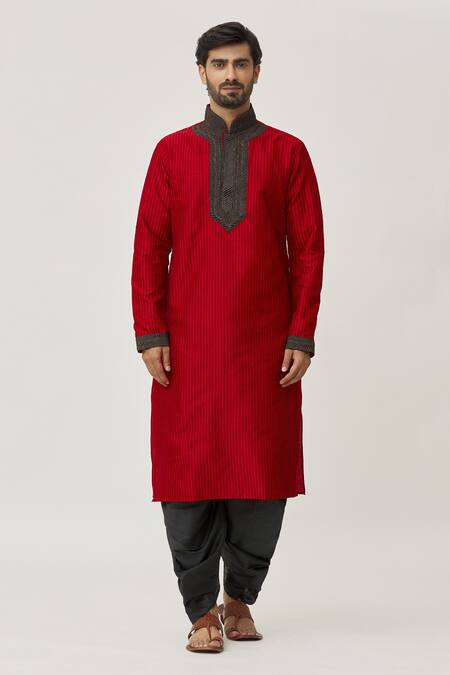 Arihant Rai Sinha Red Silk Embroidery Leaf Kurta And Dhoti Pant Set at Aza Fashions Arihant Rai Sinha_Red Silk Embroidery Leaf Kurta And Dhoti Pant Set _at_Aza_Fashions
