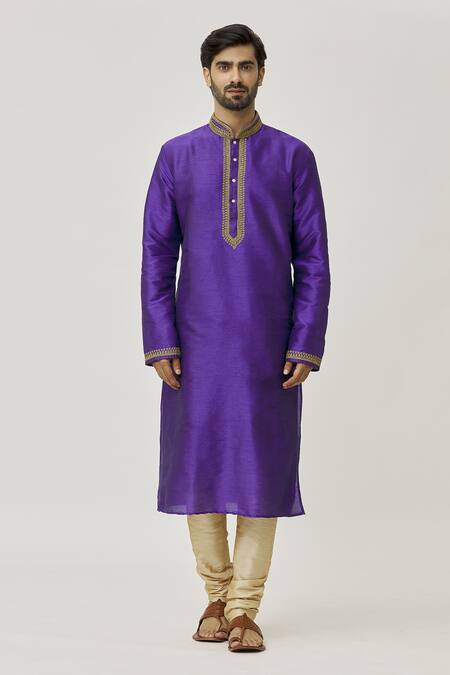 Arihant Rai Sinha Purple Silk, Chiffon Placket Aari Work Kurta And Dark Beige Churidar Set Online at Aza Fashions Arihant Rai Sinha_Purple Silk, Chiffon Placket Aari Work Kurta And Dark Beige Churidar Set _Online_at_Aza_Fashions