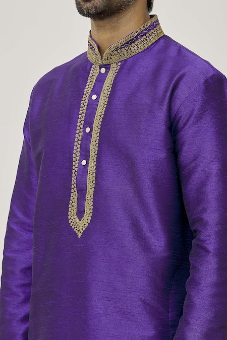 Shop Arihant Rai Sinha Purple Silk, Chiffon Placket Aari Work Kurta And Dark Beige Churidar Set Online at Aza Fashions Shop_Arihant Rai Sinha_Purple Silk, Chiffon Placket Aari Work Kurta And Dark Beige Churidar Set _Online_at_Aza_Fashions