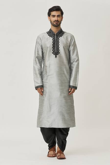 Arihant Rai Sinha_Grey Silk Embroidery Placket Abstract Kurta And Dhoti Pant Set _Online_at_Aza_Fashions