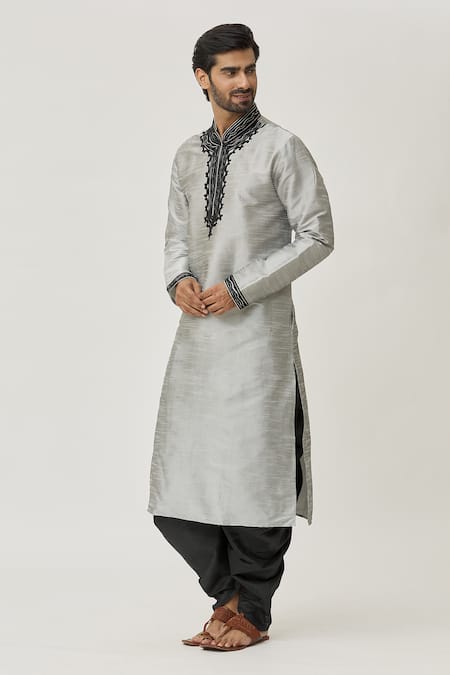 Buy_Arihant Rai Sinha_Grey Silk Embroidery Placket Abstract Kurta And Dhoti Pant Set _Online_at_Aza_Fashions
