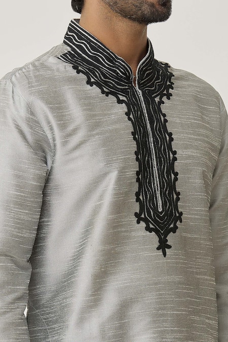 Shop_Arihant Rai Sinha_Grey Silk Embroidery Placket Abstract Kurta And Dhoti Pant Set _Online_at_Aza_Fashions