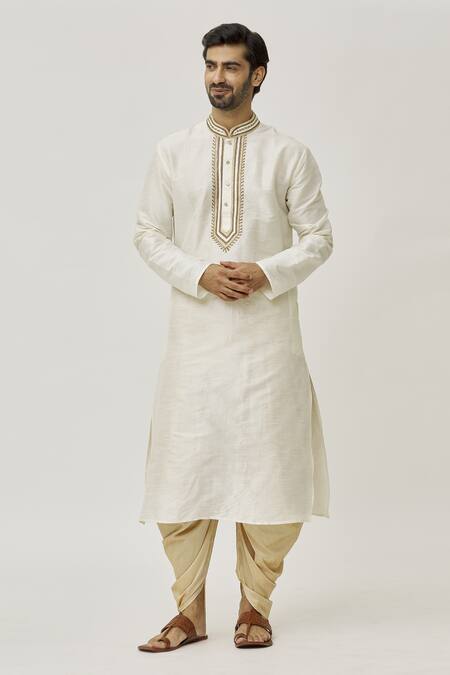 Arihant Rai Sinha Cream Silk Embroidery Placket Thread Work Kurta And Off-white Dhoti Pant Set Online at Aza Fashions Arihant Rai Sinha_Cream Silk Embroidery Placket Thread Work Kurta And Off-white Dhoti Pant Set _Online_at_Aza_Fashions