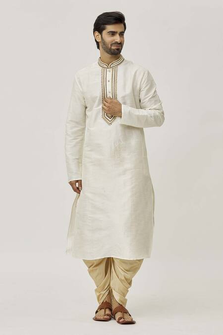 Buy Arihant Rai Sinha Cream Silk Embroidery Placket Thread Work Kurta And Off-white Dhoti Pant Set Online at Aza Fashions Buy_Arihant Rai Sinha_Cream Silk Embroidery Placket Thread Work Kurta And Off-white Dhoti Pant Set _Online_at_Aza_Fashions