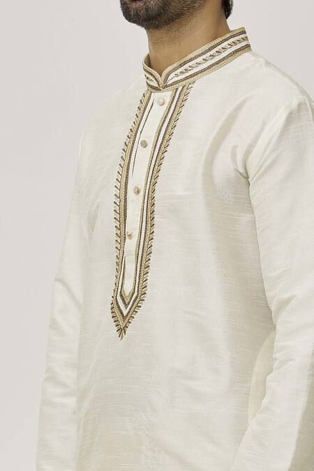 Shop Arihant Rai Sinha Cream Silk Embroidery Placket Thread Work Kurta And Off-white Dhoti Pant Set Online at Aza Fashions Shop_Arihant Rai Sinha_Cream Silk Embroidery Placket Thread Work Kurta And Off-white Dhoti Pant Set _Online_at_Aza_Fashions