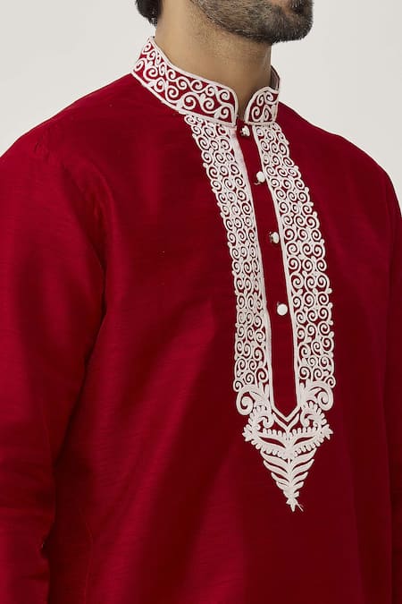 Shop Arihant Rai Sinha Maroon Silk Embroidery Placket Abstract Work Kurta And Dhoti Pant Set Online at Aza Fashions Shop_Arihant Rai Sinha_Maroon Silk Embroidery Placket Abstract Work Kurta And Dhoti Pant Set _Online_at_Aza_Fashions