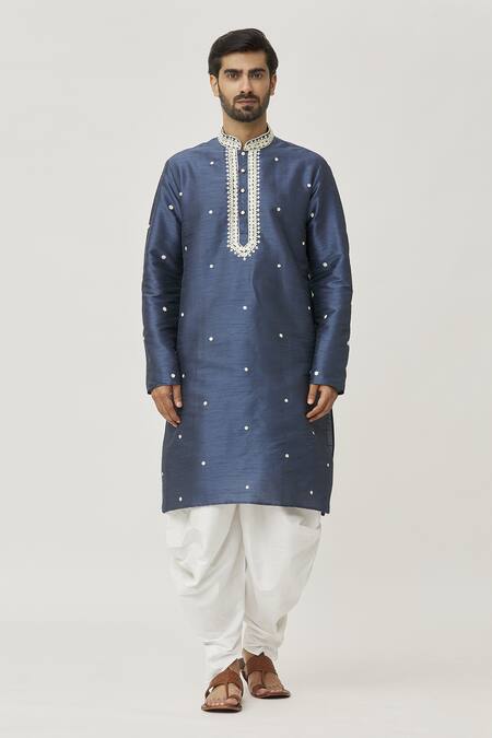 Arihant Rai Sinha Blue Silk Embroidery Placket Aari Work Kurta And Off-white Dhoti Pant Set Online at Aza Fashions Arihant Rai Sinha_Blue Silk Embroidery Placket Aari Work Kurta And Off-white Dhoti Pant Set _Online_at_Aza_Fashions