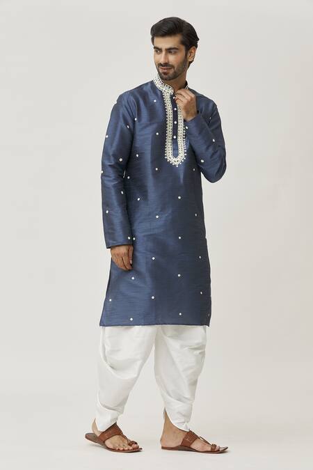 Buy Arihant Rai Sinha Blue Silk Embroidery Placket Aari Work Kurta And Off-white Dhoti Pant Set Online at Aza Fashions Buy_Arihant Rai Sinha_Blue Silk Embroidery Placket Aari Work Kurta And Off-white Dhoti Pant Set _Online_at_Aza_Fashions