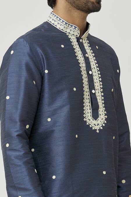 Shop Arihant Rai Sinha Blue Silk Embroidery Placket Aari Work Kurta And Off-white Dhoti Pant Set Online at Aza Fashions Shop_Arihant Rai Sinha_Blue Silk Embroidery Placket Aari Work Kurta And Off-white Dhoti Pant Set _Online_at_Aza_Fashions