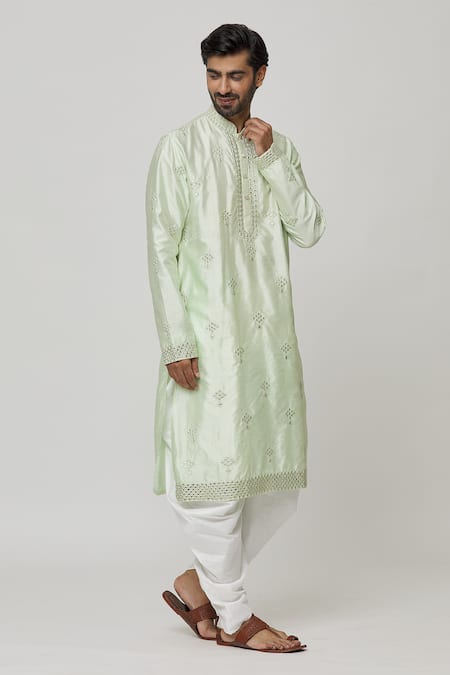 Buy_Arihant Rai Sinha_Green Silk Mirrors, Embroidery Work Kurta And Dhoti Pant Set _Online_at_Aza_Fashions