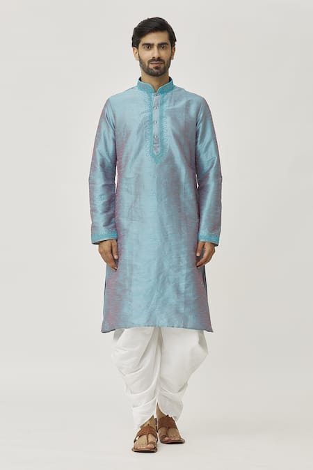 Arihant Rai Sinha_Grey Silk Embroidery Placket Work Kurta And Dhoti Pant Set _Online_at_Aza_Fashions