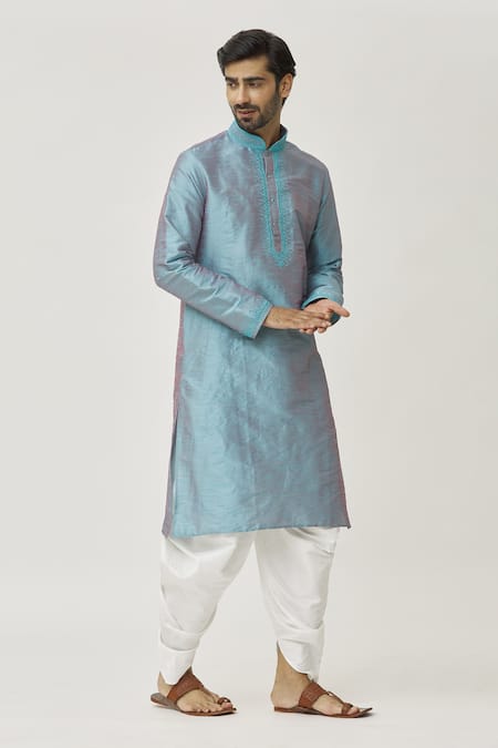 Buy_Arihant Rai Sinha_Grey Silk Embroidery Placket Work Kurta And Dhoti Pant Set _Online_at_Aza_Fashions