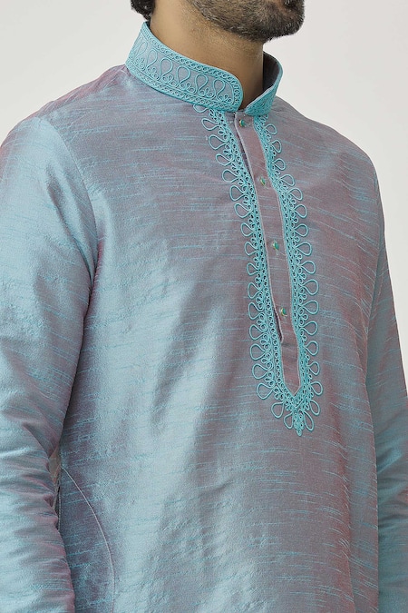 Shop_Arihant Rai Sinha_Grey Silk Embroidery Placket Work Kurta And Dhoti Pant Set _Online_at_Aza_Fashions