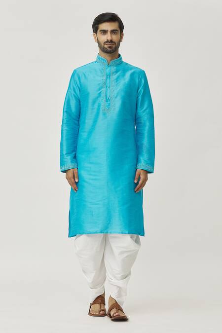 Arihant Rai Sinha Blue Silk Embroidery Placket Aari Work Kurta And Off-white Dhoti Pant Set Online at Aza Fashions Arihant Rai Sinha_Blue Silk Embroidery Placket Aari Work Kurta And Off-white Dhoti Pant Set _Online_at_Aza_Fashions