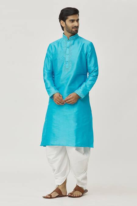 Buy Arihant Rai Sinha Blue Silk Embroidery Placket Aari Work Kurta And Off-white Dhoti Pant Set Online at Aza Fashions Buy_Arihant Rai Sinha_Blue Silk Embroidery Placket Aari Work Kurta And Off-white Dhoti Pant Set _Online_at_Aza_Fashions
