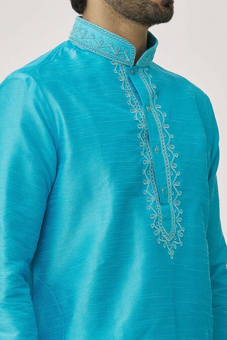 Shop Arihant Rai Sinha Blue Silk Embroidery Placket Aari Work Kurta And Off-white Dhoti Pant Set Online at Aza Fashions Shop_Arihant Rai Sinha_Blue Silk Embroidery Placket Aari Work Kurta And Off-white Dhoti Pant Set _Online_at_Aza_Fashions