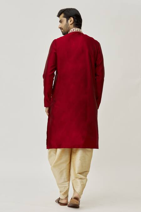 Shop Arihant Rai Sinha Maroon Silk Embroidery Placket Floral Work Kurta And Dhoti Pant Set at Aza Fashions Shop_Arihant Rai Sinha_Maroon Silk Embroidery Placket Floral Work Kurta And Dhoti Pant Set_at_Aza_Fashions