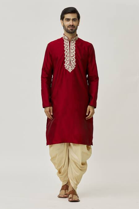 Arihant Rai Sinha Maroon Silk Embroidery Placket Floral Work Kurta And Dhoti Pant Set Online at Aza Fashions Arihant Rai Sinha_Maroon Silk Embroidery Placket Floral Work Kurta And Dhoti Pant Set_Online_at_Aza_Fashions