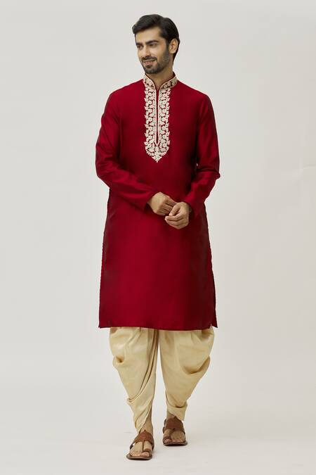 Buy Arihant Rai Sinha Maroon Silk Embroidery Placket Floral Work Kurta And Dhoti Pant Set Online at Aza Fashions Buy_Arihant Rai Sinha_Maroon Silk Embroidery Placket Floral Work Kurta And Dhoti Pant Set_Online_at_Aza_Fashions