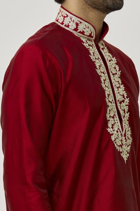 Shop Arihant Rai Sinha Maroon Silk Embroidery Placket Floral Work Kurta And Dhoti Pant Set Online at Aza Fashions Shop_Arihant Rai Sinha_Maroon Silk Embroidery Placket Floral Work Kurta And Dhoti Pant Set_Online_at_Aza_Fashions