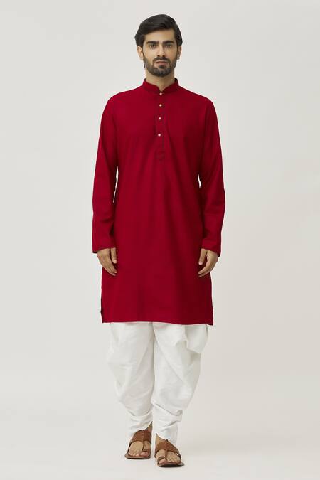Arihant Rai Sinha Maroon Cotton Solid Kurta And Off-white Dhoti Pant Set Online at Aza Fashions Arihant Rai Sinha_Maroon Cotton Solid Kurta And Off-white Dhoti Pant Set _Online_at_Aza_Fashions
