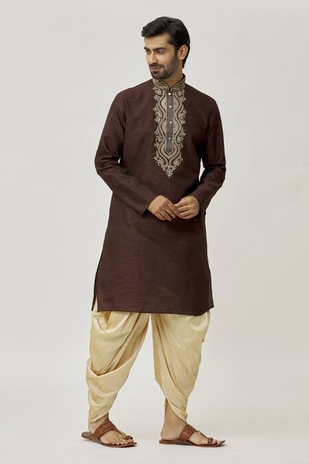 Arihant Rai Sinha Brown Silk Embroidery Placket Leaf Kurta And Dhoti Pant Set Online at Aza Fashions Arihant Rai Sinha_Brown Silk Embroidery Placket Leaf Kurta And Dhoti Pant Set_Online_at_Aza_Fashions