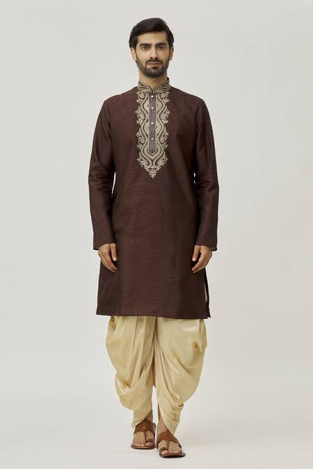 Buy Arihant Rai Sinha Brown Silk Embroidery Placket Leaf Kurta And Dhoti Pant Set Online at Aza Fashions Buy_Arihant Rai Sinha_Brown Silk Embroidery Placket Leaf Kurta And Dhoti Pant Set_Online_at_Aza_Fashions