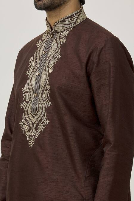 Shop Arihant Rai Sinha Brown Silk Embroidery Placket Leaf Kurta And Dhoti Pant Set Online at Aza Fashions Shop_Arihant Rai Sinha_Brown Silk Embroidery Placket Leaf Kurta And Dhoti Pant Set_Online_at_Aza_Fashions