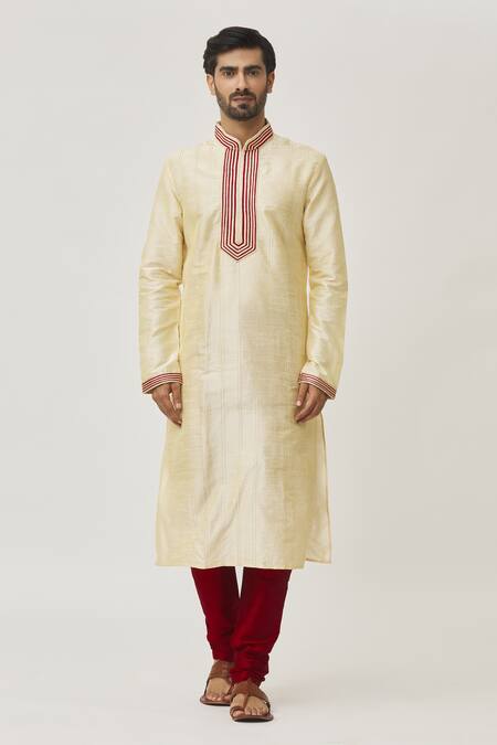 Arihant Rai Sinha_Beige Silk, Chanderi Embroidery Thread Long Kurta And Churidar Set_Online_at_Aza_Fashions