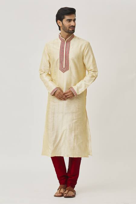 Buy_Arihant Rai Sinha_Beige Silk, Chanderi Embroidery Thread Long Kurta And Churidar Set_Online_at_Aza_Fashions