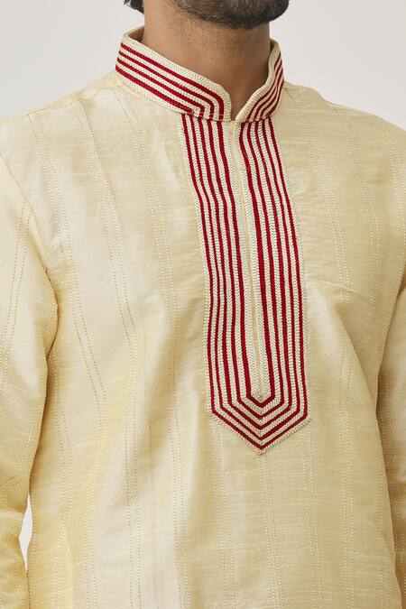 Shop_Arihant Rai Sinha_Beige Silk, Chanderi Embroidery Thread Long Kurta And Churidar Set_Online_at_Aza_Fashions