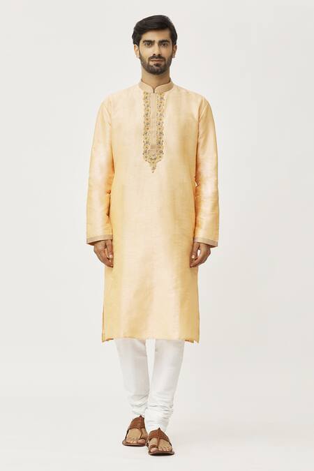 Arihant Rai Sinha_Yellow Silk Embroidery Floral Kurta Set_Online_at_Aza_Fashions