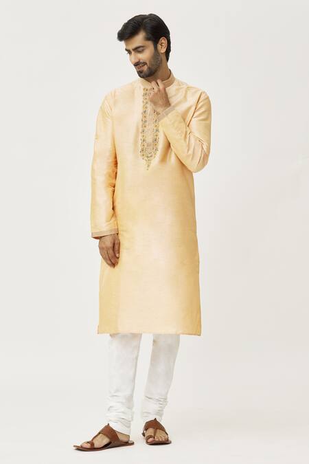 Buy_Arihant Rai Sinha_Yellow Silk Embroidery Floral Kurta Set_Online_at_Aza_Fashions