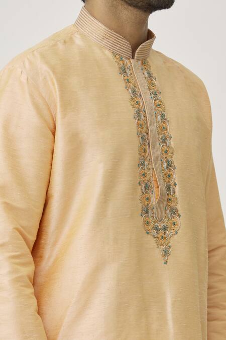 Shop_Arihant Rai Sinha_Yellow Silk Embroidery Floral Kurta Set_Online_at_Aza_Fashions