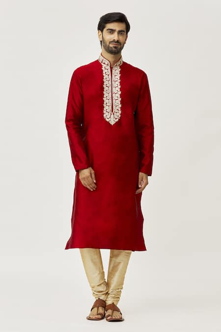 Arihant Rai Sinha Maroon Kurta Art Silk Embroidered Placket Work And Dark Beige Churidar Set 