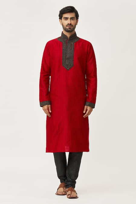 Arihant Rai Sinha_Red Silk, Chanderi Embroidery Leaf Kurta And Churidar Set _Online_at_Aza_Fashions