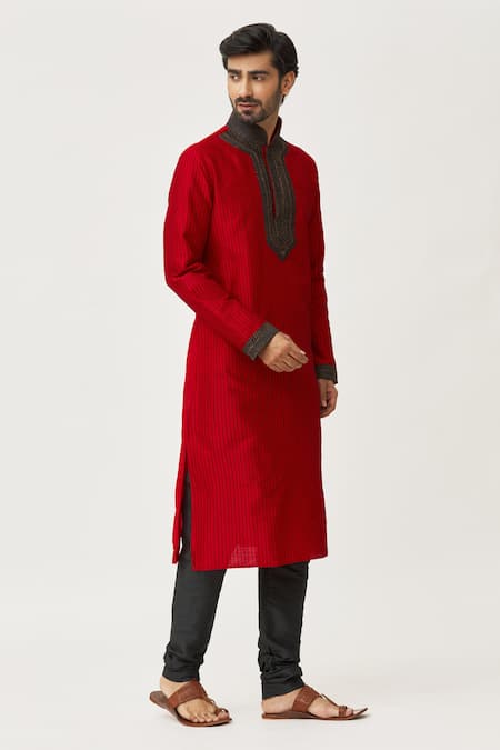 Buy_Arihant Rai Sinha_Red Silk, Chanderi Embroidery Leaf Kurta And Churidar Set _Online_at_Aza_Fashions