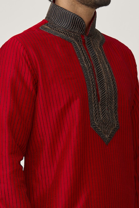 Shop_Arihant Rai Sinha_Red Silk, Chanderi Embroidery Leaf Kurta And Churidar Set _Online_at_Aza_Fashions