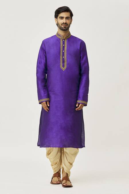 Arihant Rai Sinha_Purple Silk Embroidery Placket Aari Work Kurta And Dark Beige Dhoti Pant Set_Online_at_Aza_Fashions