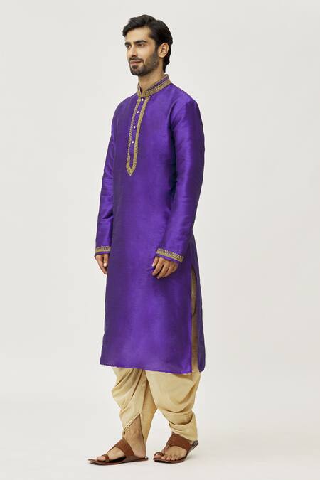 Buy_Arihant Rai Sinha_Purple Silk Embroidery Placket Aari Work Kurta And Dark Beige Dhoti Pant Set_Online_at_Aza_Fashions