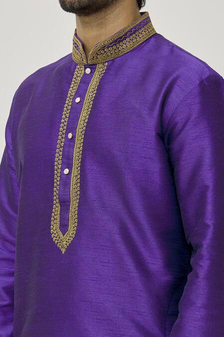 Shop_Arihant Rai Sinha_Purple Silk Embroidery Placket Aari Work Kurta And Dark Beige Dhoti Pant Set_Online_at_Aza_Fashions