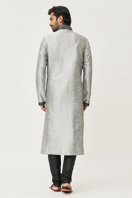 Shop Arihant Rai Sinha Grey Silk Embroidery Placket Abstract Kurta And Churidar Set at Aza Fashions Shop_Arihant Rai Sinha_Grey Silk Embroidery Placket Abstract Kurta And Churidar Set _at_Aza_Fashions